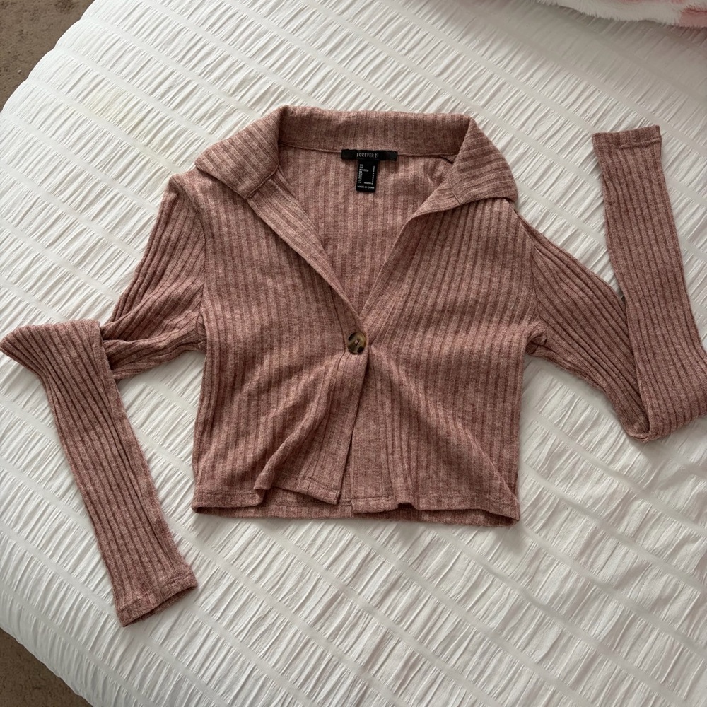 Brushed Ribbed Collared Cropped Cardigan - Rose Taupe